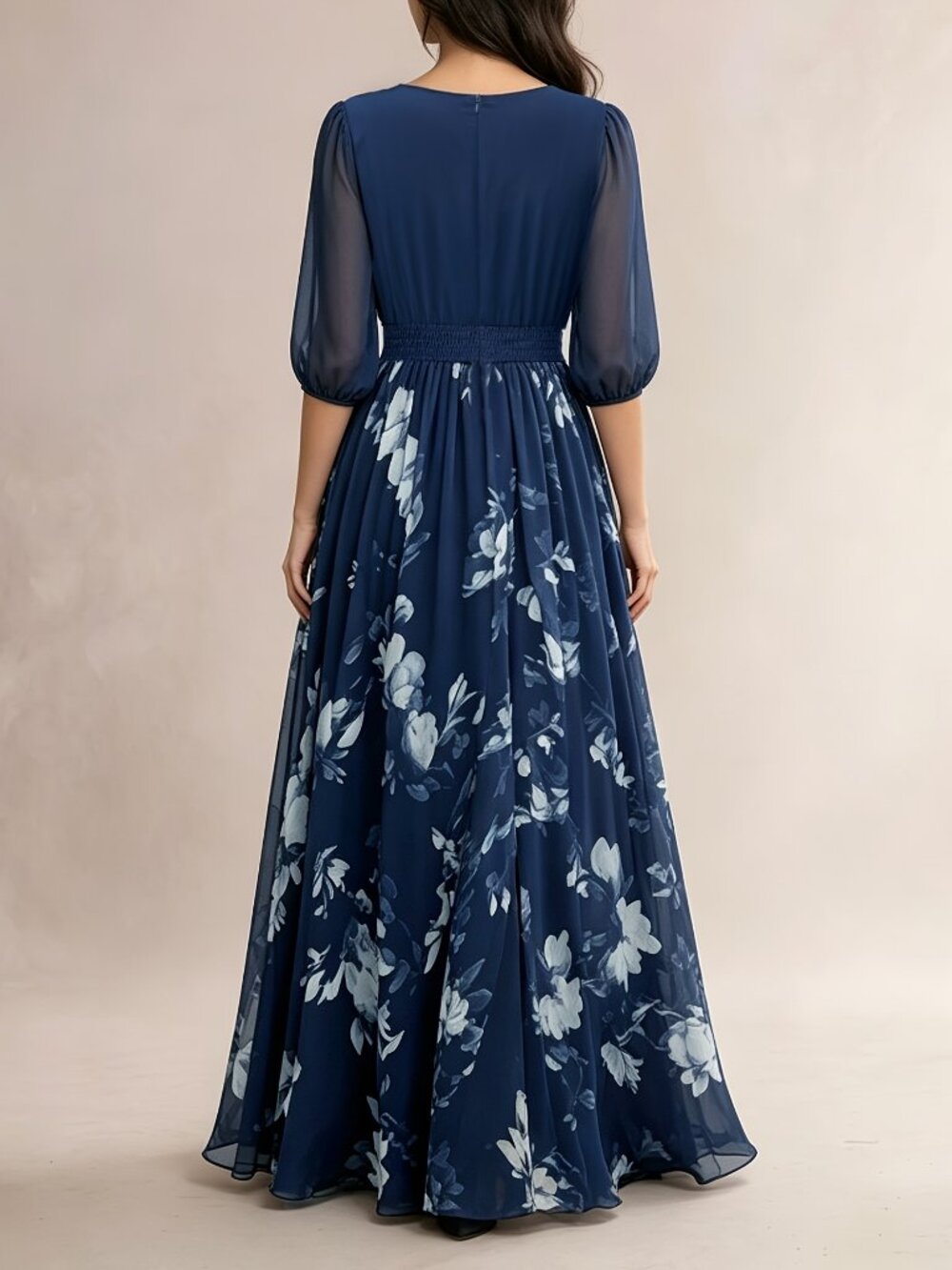 Navy Blue Floral Chiffon V-Neck Maxi Dress Formal Wedding Guest L - Picture 2 of 3